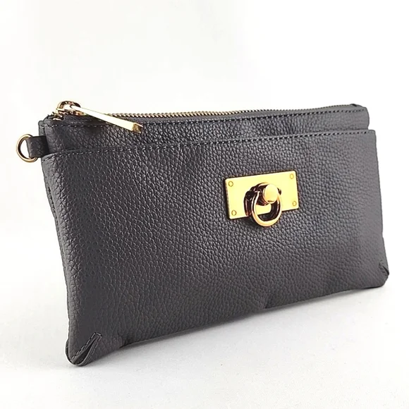 Love & Lore Wristlet Clutch Dark Grey Gold Tone Hardware Top Zip Closure - Picture 3 of 16